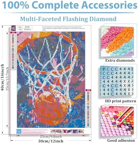 Basketball Diamond Art Kits for Adults, Diamond Painting Kits 12x16 Inch | Diamond Painting Kits for Adults Beginners, Gem Art, 5D Full Drill, DIY Arts and Crafts for Gift Home or Decor