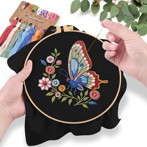ERKOON Embroidery Kit for Beginners Adult, Cross Stitch Set Include Embroidery Cloth Hoop Threads for Craft Lover Hand Stitch with Embroidery Skill Techniques (Butterfly)