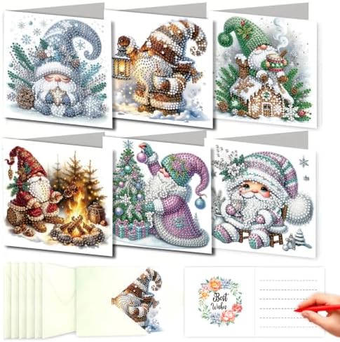 DDGYP 6pk Gnomes Diamond Art Cards w/Envelopes, DIY Xmas Kit for Adults