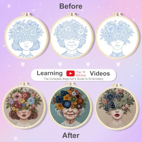 Huacan Embroidery Kit for Adults Beginners with 3 Hoops & Gift Box