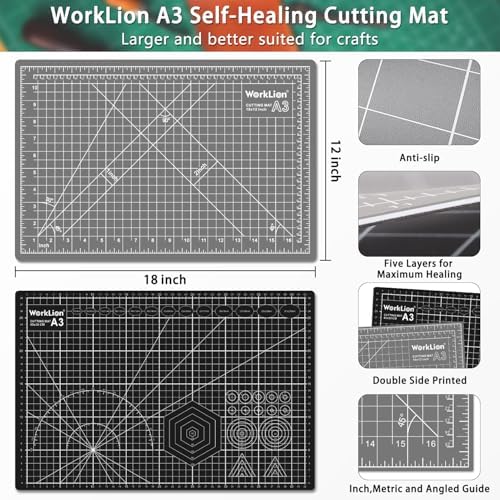 WorkLion Self Healing Cutting Mat: 12''x18'' Double Sided Craft Cutting Mat for Sewing, Fabric, Quilting - 5-Ply Slip-Resistant Hobby Cutting Board for DIY Projects (Grey/Black)