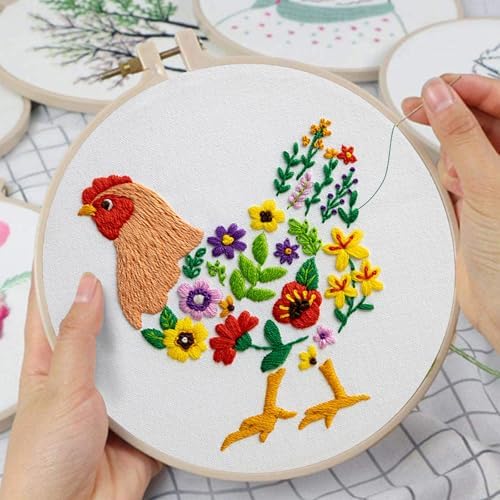 Louise Maelys Embroidery Kit, Canvas Tote Bag with Floral Hen Art Pattern