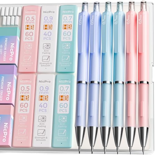 Nicpro 6PCS Pastel Mechanical Pencil Set, Cute Pencils 0.5 & 0.7 & 0.9 mm