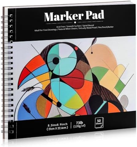Marker Paper Pad 8.3 × 8.9 in, 50 Sheets, 120gsm, Spiral Bound | Bleed-Resistant Coated Paper, Acid-Free, Smooth for Alcohol Markers, Tear-Off Pages, Flat-Lay Spiral Design