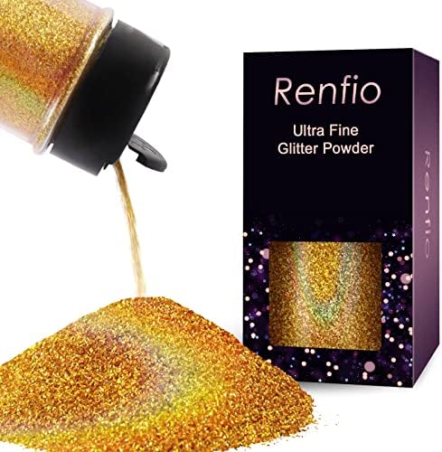Renfio Holographic Ultra Fine Gold Glitter Powder Metallic Resin Glitter | 2.11 Oz (60g) PET Flakes Crafts Sequins 1/128" 0.008" 0.2mm Epoxy Chips Flakes for Tumblers Slime - Laser Light Gold