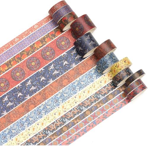 12 Rolls Chinoiserie Washi Tape Set Chinese Arts Adhesive Tapes Geometric Garden Decorative Masking Tape Sets for Craft, Kids, Scrapbook, DIY, Gift Wrapping (Drifting on Azure Waves)