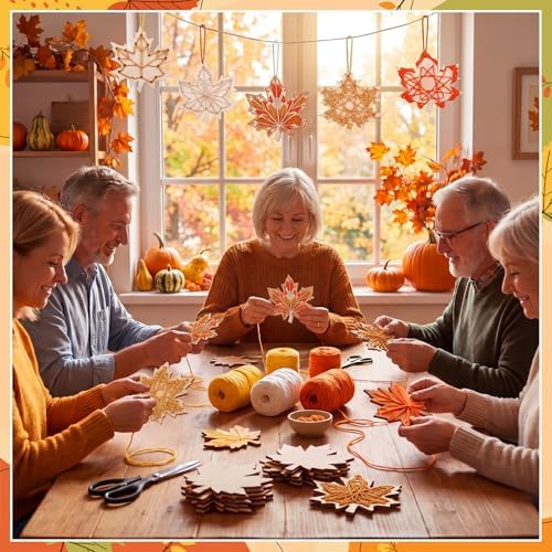 Kathfly 24 Set Fall Wooden Craft Kit Maple Leaf String Craft Ornaments with Yarn and Plastic Weaving Tools DIY Art Hanging Decorations for Classroom Fall Thanksgiving Party Favors Home Activities