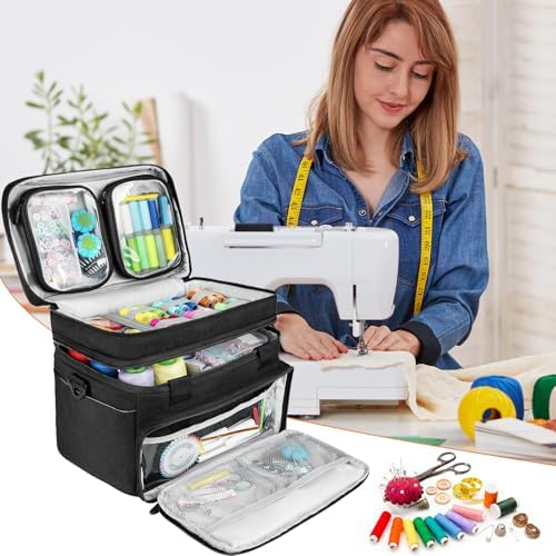 Double Layer Sewing Organizer Bag with Shoulder Strap, Black