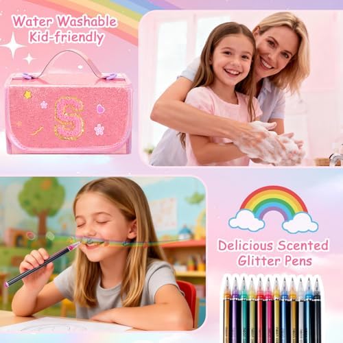 SHXWELL 69 PCS Initial Washable Scented Markers Set with Glitte Pencil Case Shoulder Strap, Personalized Art Supplies and Crafts for Kids Ages 4-6-8, Birthday Gifts for Girls Coloring Markers Set (S)