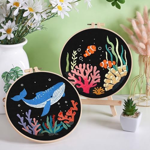 ERKOON 4 Set Embroidery Kit for Beginners, Cross Stitch Set Include Embroidery Cloth Hoops Threads for Craft Lover Hand Stitch with Embroidery Skill Techniques (Marine Animals)