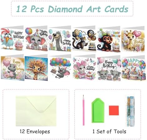 12 Pcs Diamond Painting Birthday Greeting Cards Kits for adults, 5D Handmade Diamond Art Birthday Card with Envelopes, DIY Greeting Cards Making Kits for friends Women Mom Grandma (Animal)