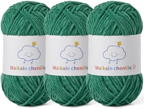 Skinny Chenille Yarn for Crocheting, 3 Pack of 1.75 oz/109 yds Amigurumi Yarn&Baby Yarn for Crocheting Soft, Fluffy Fingering Weight Velvet Yarn for DIY Crafts&Baby Blankets.(3 Pine Green)