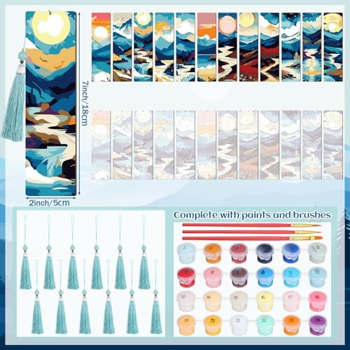Kosiz 12 Pcs Mountain Paint by Number Kit for Adult Wood Bookmark | Mini Paint by Numbers Kit, Painting Decor, Tassels Blank Bookmarks, for Small DIY Craft Book Lovers Gift 7x2 ''