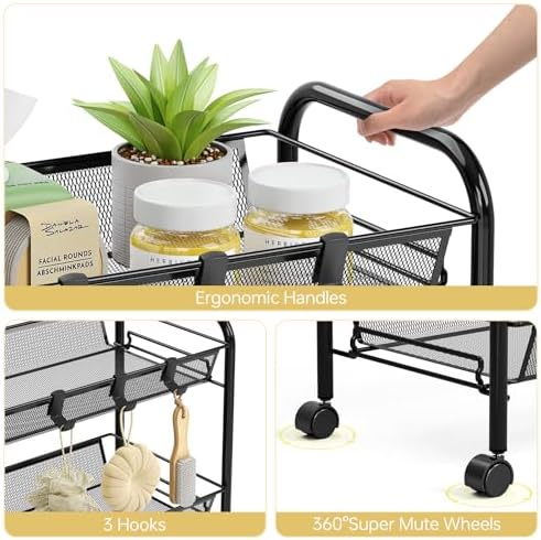 TOOLF 5 Tier Rolling Cart, Metal Utility Storage Cart with Wheels, Black | 3 Hooks, Screwless Assembly, Trolley Organizer for Bathroom, Kitchen, Office, Nursery, Dorm, Laundry Room