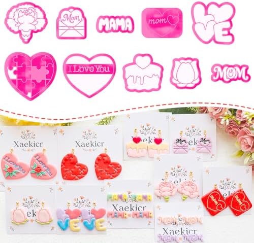 Mother’s Day Polymer Clay Cutters & Stamps Set - 10pcs Sharp & Durable Mom, MAMA, LOVE, Puzzle Heart, Envelope & Cake Shapes for DIY Earring Jewelry Making, Soft Clay Crafts & Holiday Supplies