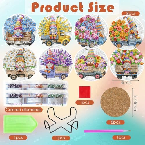 ijbnhd 8 PCS Gnome Diamond Art Coasters Kit 4X4inch (Cork Wooden Pad)