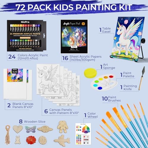 Nicpro 72PCS Kids Painting Set with Pattern Canvas for Beginner Students