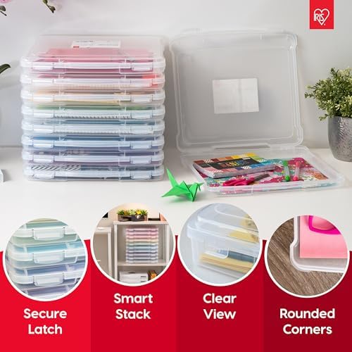 IRIS USA Board Game Storage Craft Organizer Box with Snap-Tight Latch Lid, 8-Pack Portable Plastic Case Bin for Puzzles, Magazines, Hobbies, Art Supplies, Fits 8.5" x 11" & A4 Papers, Slim, Clear