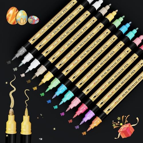 12 Colors Dual Tip Metallic Acrylic Paint Marker pens with Brush & Fine | Paint Marker for Black Paper, Scrapbooking, Photo Album, Rock, Wood, Card Making, DIY Arts & Crafts, Scrapbook Supplies