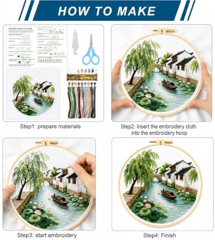 Zhenqing Landscape Embroidery Kit Set for Beginners, 4 Pack Garden & Cottage Needlework Craft Collection with Pre-Printed Cotton Fabric, Hoop, Threads & Tools(JC0285)