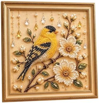 Pearl Art Kits for Adults Bird Flower DIY Beaded Embroidery Kits with Crystal Rhinestones Pearl Painting Craft Kit with Pre-Printed Canvas Handmade Home Wall Decor Gift (Yellow Bird)