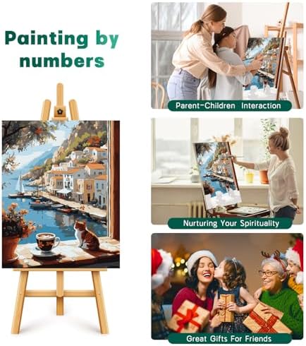 Possoco Paint by Numbers Kit for Adults Beginner Cat, Seaside Landscape Easy Adult Paint by Number Kits on Canvas, DIY Acrylic Number Painting for Adults Teens for Home Decor 16x20 Inch