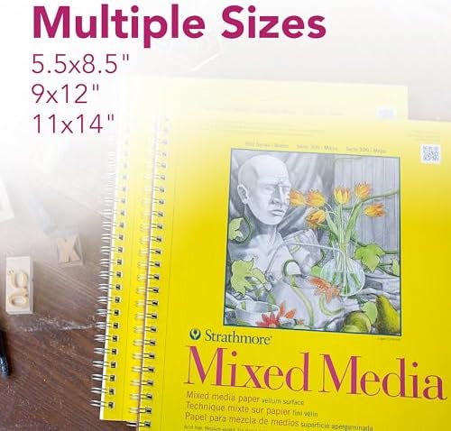 Strathmore 300 Series Mixed Media Paper Pad, Side Wire Bound, 5.5x8.5 inches, 40 Sheets (117lb/190g) - Watercolor, Gouache, Graphite, Ink, Pencil, Marker (Pack of 12)