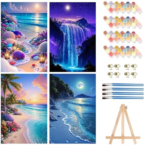 Axquilon 4 Packs Framed Paint by Numbers Kit with Easel 8x12in