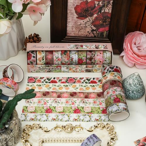 10 Rolls Blooming Flowers Washi Tape Set Floral Arts Adhesive Tapes Colorful Garden Decorative Masking Tape Sets for Craft, Kids, Scrapbook, DIY, Gift Wrapping (1-Pinky)