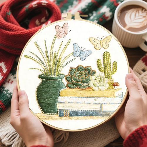 FREEBLOSS 4 Sets Embroidery Kit for Beginners Needlepoint Embroidery Starter Kit with Plants and Books Stamped Patterns, Instructions, Colored Threads, 2 Hoops 20cm/7.9inch