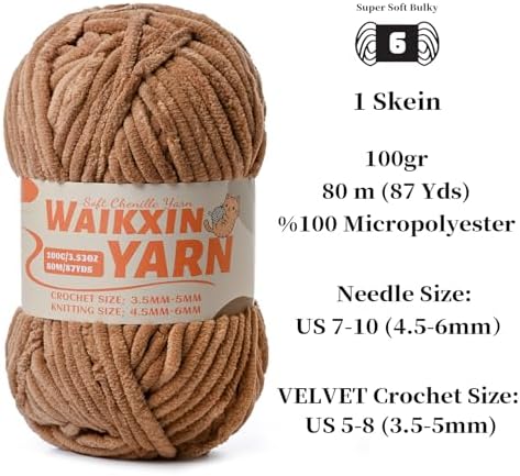 （Light Coffee） Super Soft Fuzzy Chenille Chunky Yarn for Crocheting, 100g (87yds) Fluffy Velvet Yarn for Hand Knitting Baby Blankets Weaving Craft