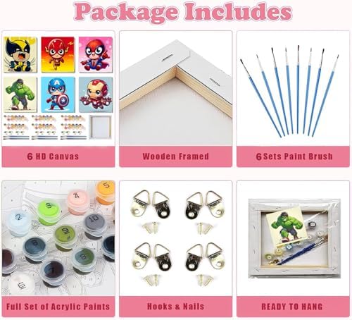 CraftyTime 6 Pack Framed Paint by Numbers Kit for Kids- Cartoon Painting Kits for Kids Ages 4-8-12, Cartoon Easy Paint by Numbers with Frame 8x8 Inch