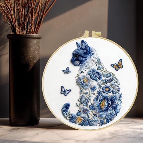 JOZYSH Blue Flower Cat and Butterfly Stamped Pattern Embroidery Kit for Beginners Adults Includes Cloth,Hoop,Color Threads,Needles and Instruction,Lover Hand Stitch with Embroidery Skill Techniques