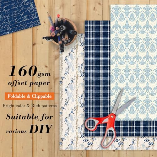 6 Inch Blue Floral Aesthetic Scrapbooking Paper Pad - 24 Sheets Double Sided Patterns for Background Photos Junk Journal Card Making Origami DIY Crafts Gifts Wrapping Material
