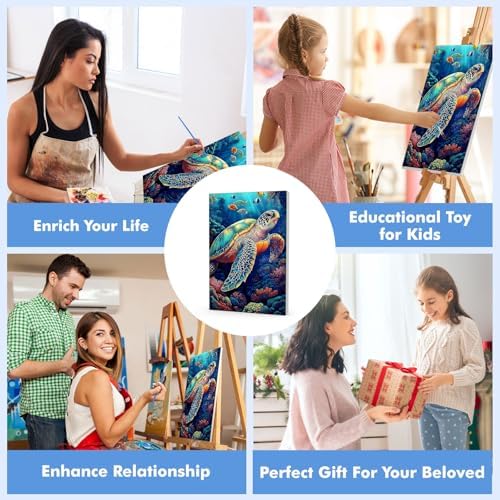 Bowetile Framed Paint by Numbers Sea Turtle for Adults Beginners, Adults' Paint-by-Number Kits, Easy Adult Paint by Number Kits on Canvas, Acrylic Animals Number Painting for Home Decor, 8x12in