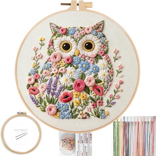 FONNUY Floral Owl Embroidery Kit for Beginners, DIY Handmade Flower Animal Embroidery Set with Hoop, Stamped Cross Stitch Kit for Adults, Unique Home Wall Art Decor & Craft Gift (Colorful)