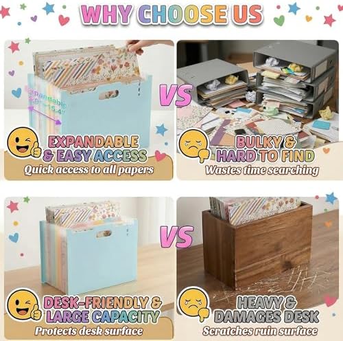 12x12 Scrapbook Paper Storage Organizer, Expandable 13 Pocket Desktop Paper Organizer Storage for Scrapbook Essentials, Large Scrapbook Storage for Photos, Washi Tape, Sticker (Light Blue)