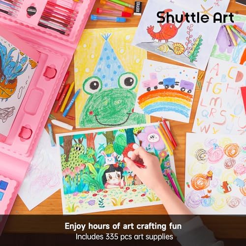 Shuttle Art 335 Piece Kids Art Set, Multi-Media Art Supplies, Gift Art Kit with Trifold Easel, 2 Drawing Pads, 2 Coloring Books, Oil Pastels, Crayons, Watercolors, Markers, Colored Pencils (Pink)