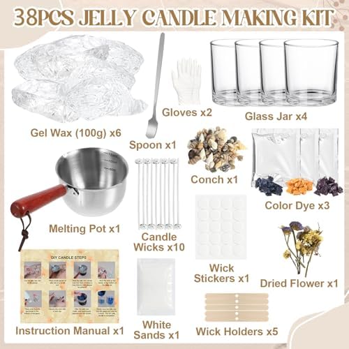 Jcoos Jelly Candle Making Kit, DIY Jelly Wax Melts, Candle Making Kit for Adults, 1.5 lb Gel Wax for Candle Making, Candle Wick, Dried Flowers, Conch, Sand, Dye, Crafting Valentine's Day Gift