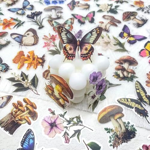 50 PCS Vintage Nature Mushroom Butterfly Flower Stickers – Clear Cottagecore Aesthetic Botanical Scrapbook Stickers for Journaling, Laptop, Water Bottle, Art Crafting