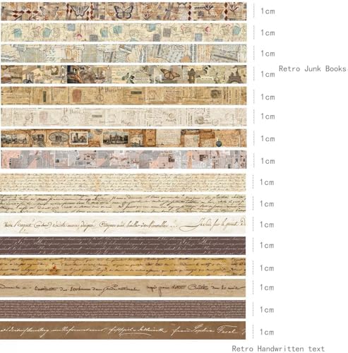 16 Rolls Vintage Washi Tape Set with Handwritten Text, Retro Junk Books