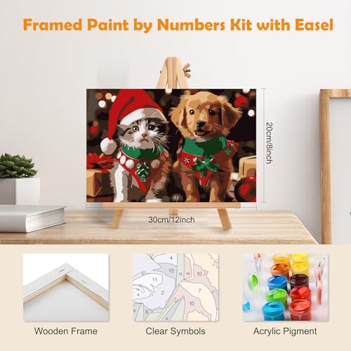 MOGTAA Christmas Paint by Numbers Kit for Adults Beginners with Frame, Cat and Dog Adult Paint by Number Kits on Canvas with Easel, Easy DIY Animal Oil Painting Kits for Home Decor, 8x12in