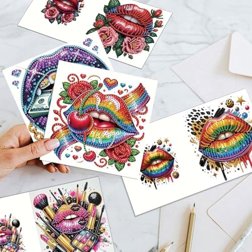 antor 6 Pack 5D Diamond Painting Greeting Cards, Fashionable Lip Design
