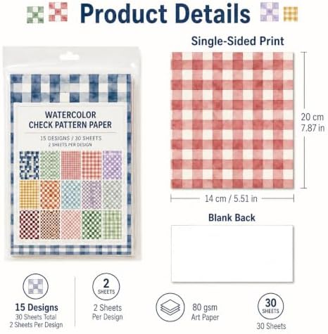 30 Sheets Watercolor Check Pattern Scrapbook Paper,Decorative Cardstock for Junk Journaling, DIY Gift Wrapping, Card Making & Photo Collage Background