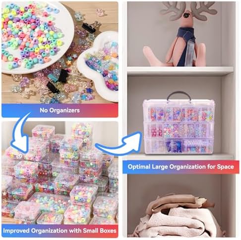 VTG Bead Organizer Box, 56 Pcs Small Plastic Containers with Lids and 3-Tier Stackable Storage Box, Clear Organizers for Jewelry Toys Craft Storage