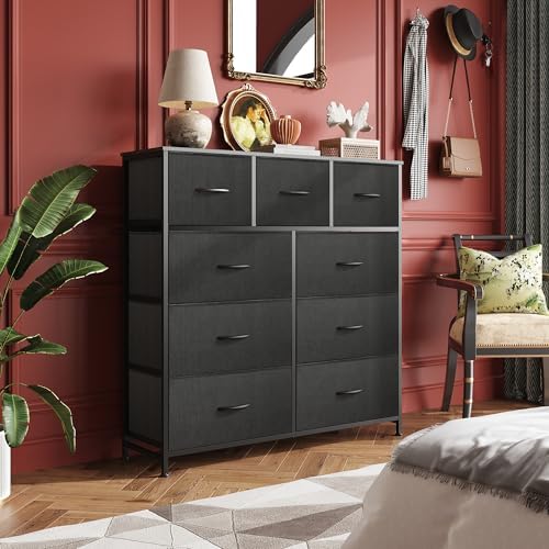 WLIVE Tall Dresser for Bedroom, 9 Drawer Chest of Drawers, Charcoal Black | 9 roomy fabric drawers, Tall storage design, Bedroom or closet use, Sturdy steel frame, Smooth wood tabletop