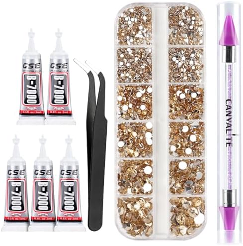 Canvalite 2784Pcs Champagne Rhinestones Flat Back Gems, Nail Rhinestones Gems with Jewelry Glues Pick Up Tweezers and Rhinestone Picker Dotting Pen, Nail Art Tools for Nails, Clothes, Face, Craft
