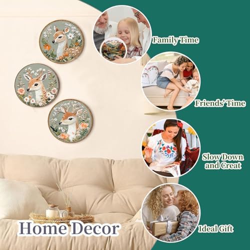 FONNUY Printed Deer and Floral Embroidery Kit with Hoop, Cross Stitch Kits for Beginners, Handmade Crafts, Easy to Follow Color Thread Needlework, 8'' Hoop (Deer and Blossoms)