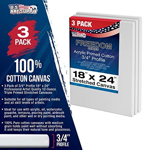 U.S. Art Supply 18"x24" Stretched Canvas for Painting, 3/4" Profile, 3-Pack