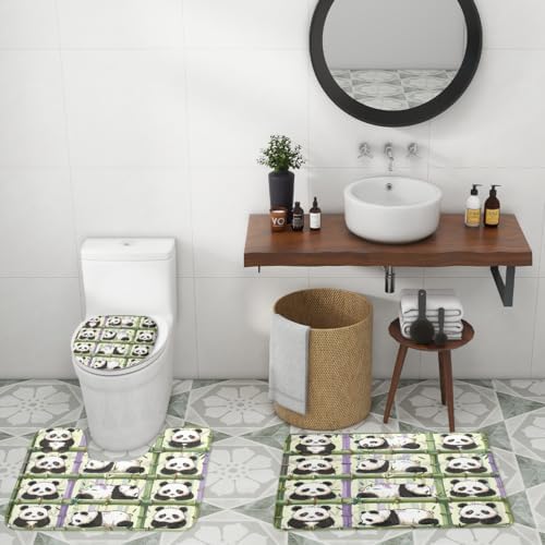 Funny Cartoon Baby Panda 4 Piece Shower Curtain Sets,Abstract Cute Panda Bears Non-Slip Rugs,Toilet Lid Cover and Bath Mat,Spring Forest Japanese Bamboo Print Bathroom Decor Set